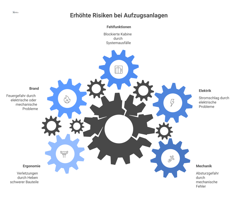 Mindmap Gefährdungen bei Aufzugsanlagen Eine Mindmap zu Gefährdungen bei Aufzugsanlagen, unterteilt in die Kategorien Mechanik, Elektrik, Fehlfunktionen, Brand und Ergonomie mit Piktogrammen.