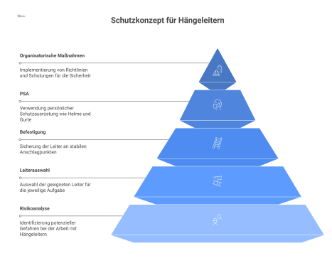 Infografik zum Schutzkonzept für Hängeleitern, die fünf Schlüsselelemente darstellt: Risikoanalyse, Leiterauswahl, Befestigung, PSA und organisatorische Maßnahmen.
