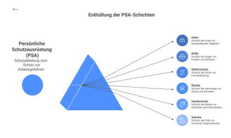 Infografik einer Person mit persönlicher Schutzausrüstung wie Helm, Brille und Handschuhen, beschriftet mit Pfeilen und Piktogrammen zu den Gefahren.
