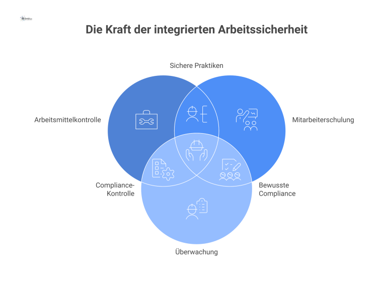 Eine Infografik zu präventiver Arbeitssicherheit, die die drei Säulen Arbeitsmittelkontrolle, Mitarbeiterschulung und Überwachung mit passenden Symbolen darstellt.