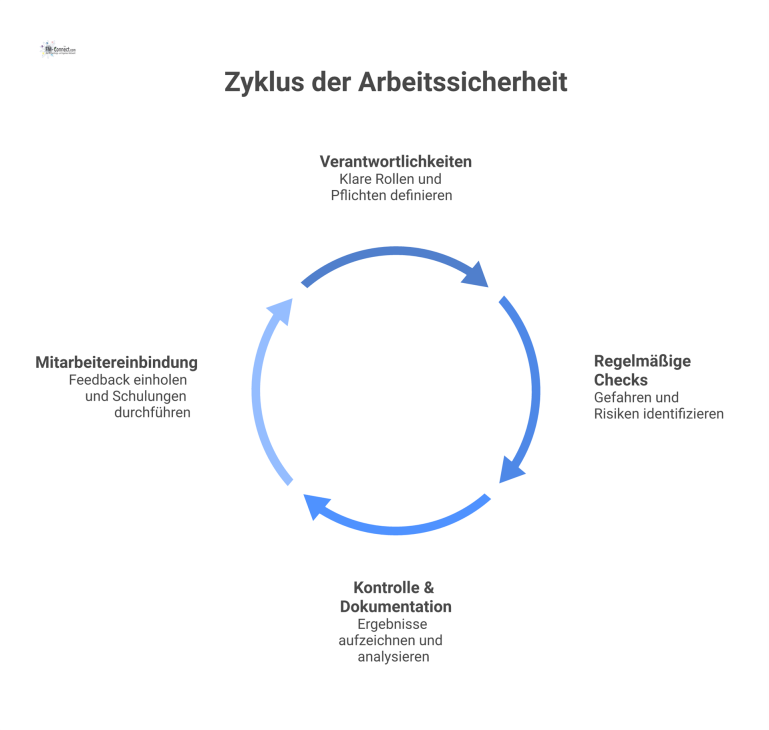 Kreisdiagramm, das den kontinuierlichen Prozess der Arbeitssicherheit in vier Phasen mit Icons zeigt: Verantwortlichkeiten, Checks, Kontrolle und Mitarbeitereinbindung. 