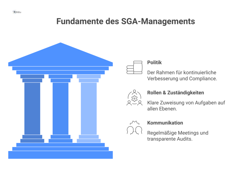 Infografik, die ein SGA-Managementsystem in drei Säulen unterteilt: Politik, Rollen & Zuständigkeiten und Kommunikation, jeweils mit passenden Icons.