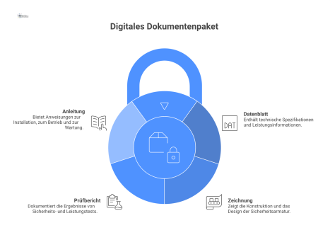 Infografik einer Sicherheitsarmatur im Zentrum, umgeben von Dokumenten-Icons. Ein Pfeil-Kreislauf symbolisiert den Lebenszyklus von Installation bis Reparatur.