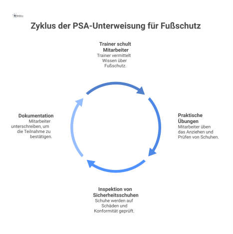 Prozessdiagramm, das den Lebenszyklus von PSA-Schutzschuhen von der Bestandsaufnahme über Inspektion und Dokumentation bis zur finalen Außerbetriebnahme zeigt.