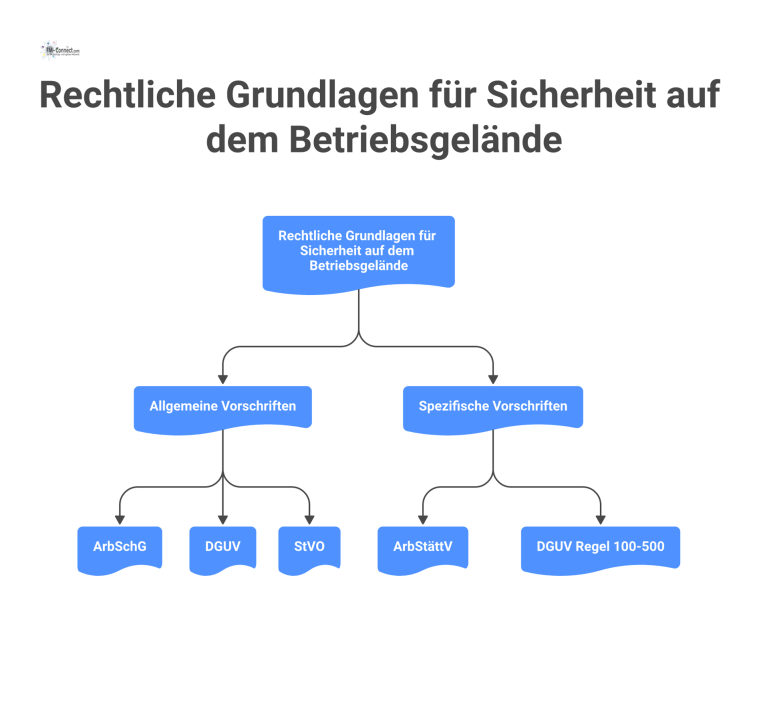 Organigramm, das rechtliche Grundlagen für Betriebssicherheit in allgemeine Vorschriften (ArbSchG, DGUV) und spezifische Vorschriften (ArbStättV) gliedert.