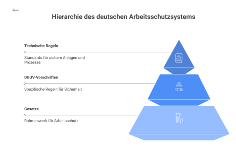 Eine hierarchische Mindmap des deutschen Arbeitsschutzsystems mit dem zentralen Knoten 'Arbeitsschutz' und Hauptästen für Gesetze und untergeordneten Regeln.