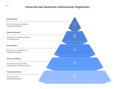 Hierarchisches Diagramm des deutschen Arbeitsschutz-Regelwerks, das die Ebenen von EU-Richtlinien, nationalen Gesetzen, Verordnungen und DGUV-Vorschriften bis zu Normen zeigt.