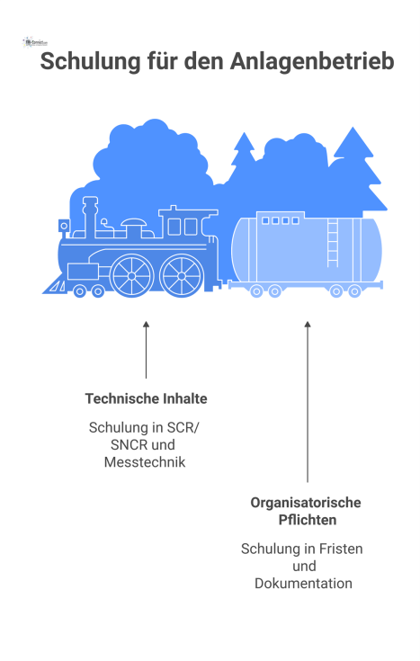 Diagramm zur Personalschulung im Anlagenbetrieb, das technische Inhalte und organisatorische Pflichten zur Sicherung von Kompetenz und Nachweisführung darstellt.