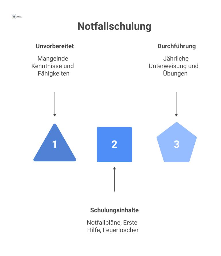 Infografik zur Notfallschulung mit den Inhalten Notfallpläne, Erste Hilfe und der jährlichen Durchführung als Kreislauf.