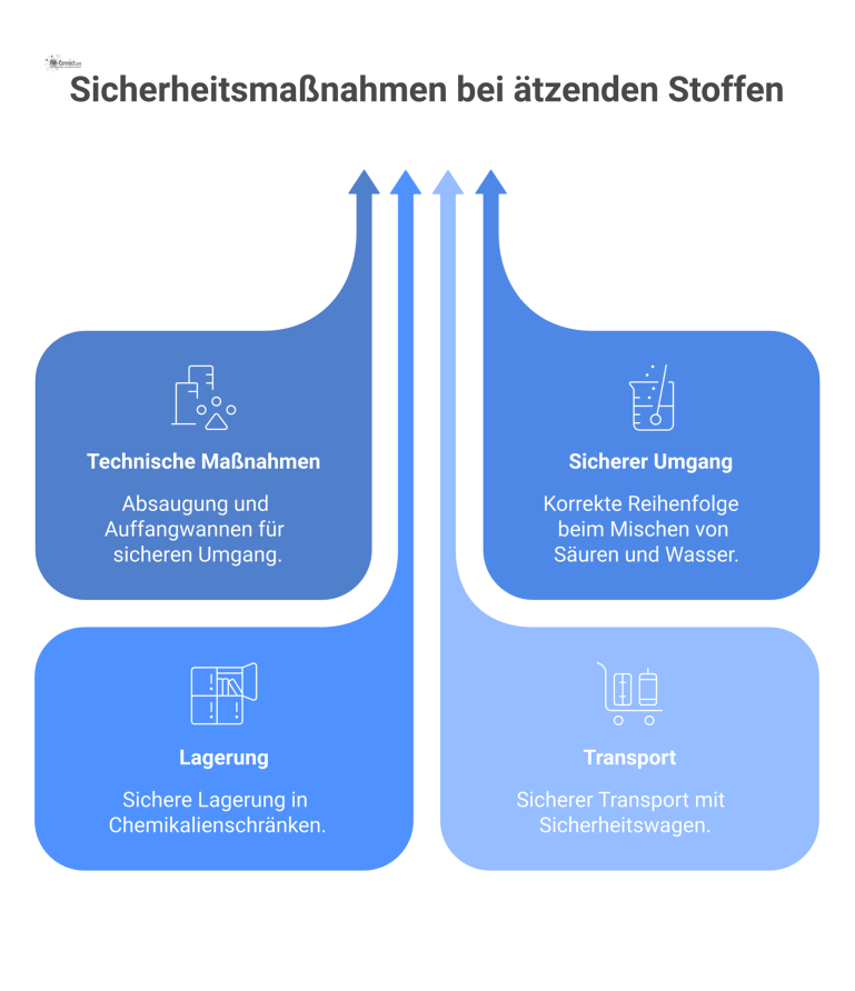 Infografik einer Person in Schutzausrüstung, umgeben von Symbolen für technische Maßnahmen, sicheren Umgang, Lagerung und Transport ätzender Stoffe.