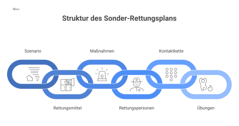 Infografik, die den Sonder-Rettungs- und Notfallplan visualisiert. Zentrales Icon umgeben von Kernelementen wie Szenario, Maßnahmen und Rettungsmittel.