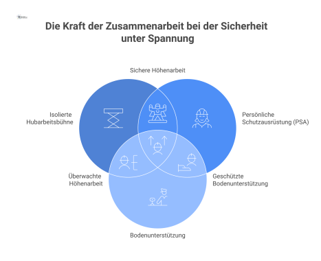 Infografik eines Arbeiters in Schutzkleidung auf einer isolierten Hubarbeitsbühne, der an einem Strommast arbeitet und von unten überwacht wird.