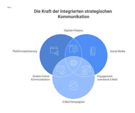 Diagramm zur strategischen Kommunikation mit einem zentralen Knoten und vier Strängen: Plattformplatzierung, Social Media, E-Mail-Kampagnen und Partnernetzwerke.
