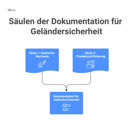 Infografik, welche die zwei Säulen für die Dokumentation der Geländersicherheit vergleicht: statischer Nachweis und Produktzertifizierung mit ihren Icons.
