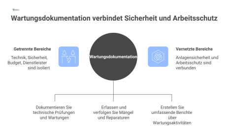 Diagramm der Wartungsdokumentation als Brücke, die Anlagensicherheit und Arbeitsschutz verbindet und Bereiche wie Technik und Budget steuert.