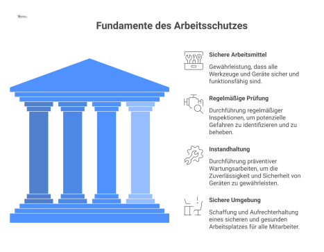 Infografik zum Arbeitsschutz: Ein zentraler Schild mit der Aufschrift „Sicherer Betrieb“ wird von vier Säulen für Sicherheit getragen.