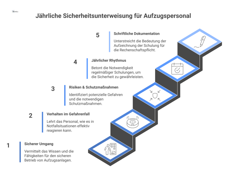 Infografik zur jährlichen Sicherheitsunterweisung für Aufzugspersonal, welche die drei Hauptinhalte sicherer Umgang, Verhalten im Gefahrenfall und Risiken visualisiert.