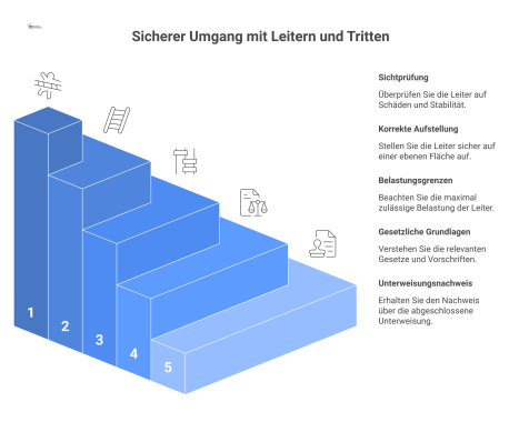 Diagramm eines Unterweisungsnachweises für Leitern, das Inhalte wie Datum, Teilnehmer, Unterschriften und sicherheitsrelevante Themen wie Sichtprüfung und Aufstellung zeigt.