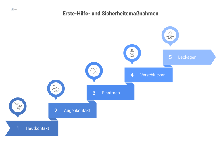 Infografik mit fünf Piktogrammen, die Erste-Hilfe-Maßnahmen bei Hautkontakt, Augenkontakt, Einatmen, Verschlucken und Leckagen visuell anleiten.