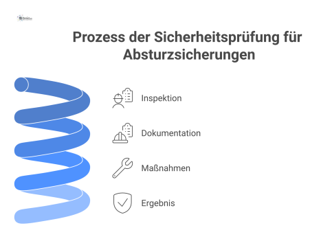 Infografik, die den vierstufigen Prozess der Sicherheitsprüfung für Absturzsicherungen darstellt: Inspektion, Dokumentation, Maßnahmen zur Mängelbehebung und das Ergebnis der Sicherheit.