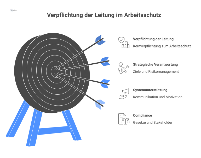 Verpflichtung der Leitung im Arbeitsschutz Ein Diagramm zur Verpflichtung der Leitung im Arbeitsschutz, das die drei Hauptbereiche strategische Verantwortung, Systemunterstützung und Compliance visualisiert.