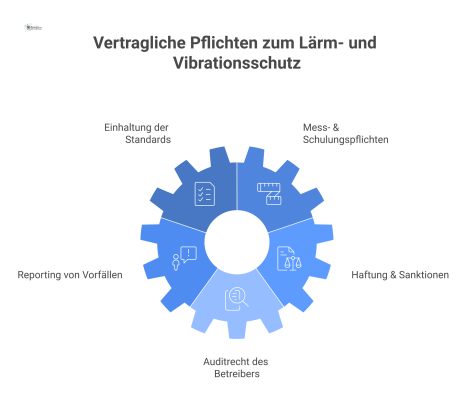 Diagramm, das die vertraglichen Pflichten für Auftragnehmer im Bereich Lärm- und Vibrationsschutz mit den Bausteinen Standards, Messpflichten, Reporting, Haftung und Auditrecht visualisiert.