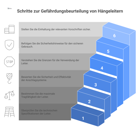 Mindmap zur Gefährdungsbeurteilung von Hängeleitern mit Ästen zu technischen Daten, Tragfähigkeit, Anschlagsystemen, Verwendungsgrenzen und Sicherheitshinweisen.