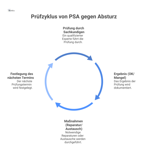 Kreislauf-Diagramm des Prüfzyklus für PSA gegen Absturz mit den Schritten Prüfung, Ergebnis, Maßnahmen und Festlegung des nächsten Termins.