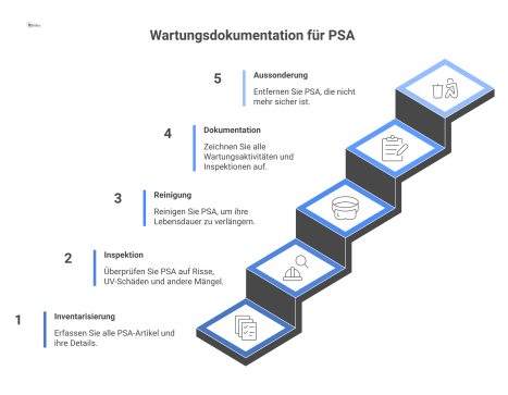Flussdiagramm, das den Prozess der Wartungsdokumentation für persönliche Schutzausrüstung wie Helme und Brillen von Inventarisierung bis Aussonderung zeigt.