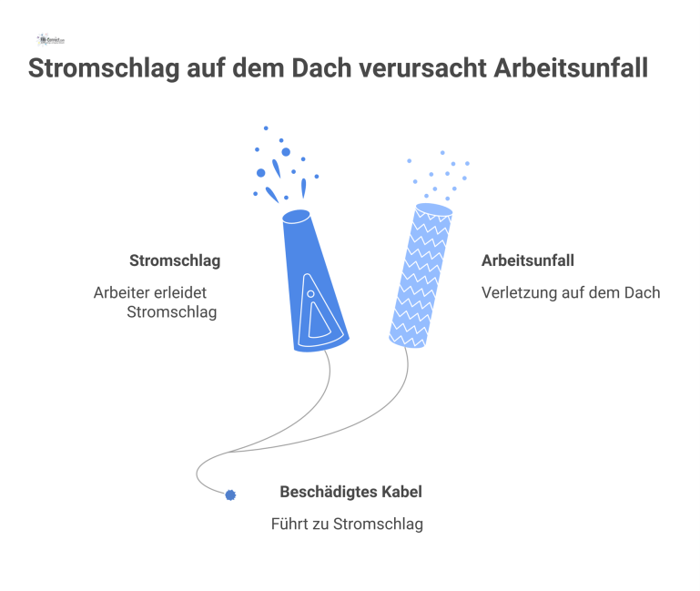 Infografik eines Arbeitsunfalls: Arbeiter erleidet auf einem Dach einen Stromschlag durch ein defektes Kabel am Hochdruckreiniger.